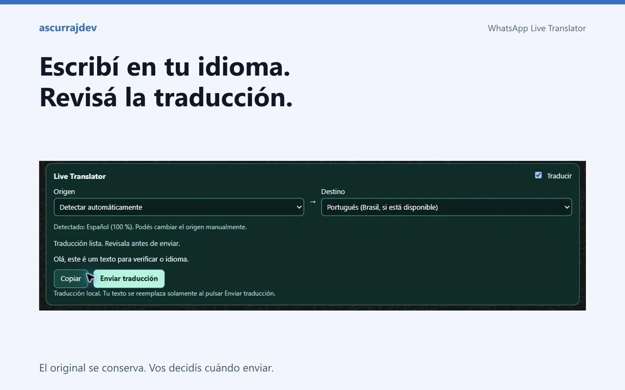 Interfaz real de WhatsApp Live Translator: traducción de un borrador de prueba con opciones para copiar o enviar la traducción